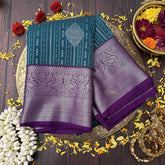 Vriksham Teal Blue With Silver Zari Butta & Veldhaari Purple Border Kanchi Silk Saree-VS4773